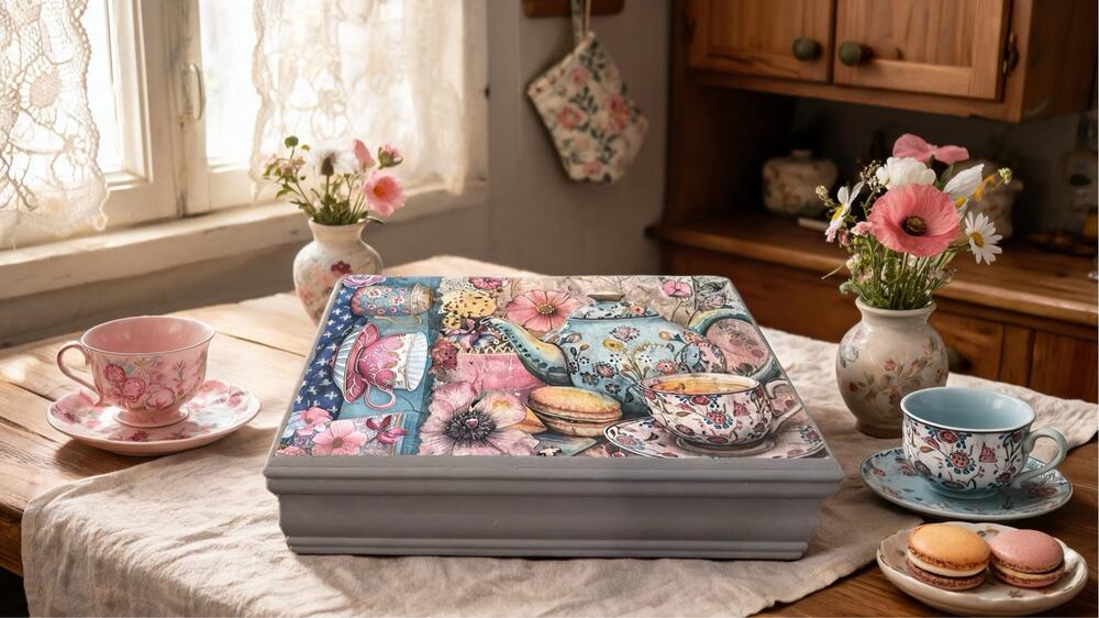 Upcycled Decoupage Tea Box, Cottage Core Tea Storage, Grandmillennial Decor,